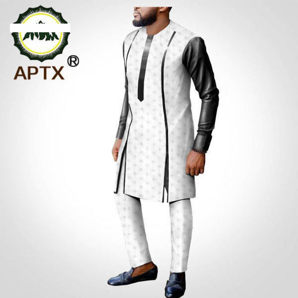 Dashiki African Men Long-Sleeve Senator Jacquard Cotton  Shirt Pants Set Y31896