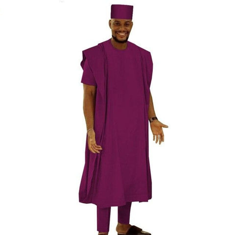 African Style 4-Pc Short Sleeve Shirt Pants Outer Robe and Matching Hat Y31854