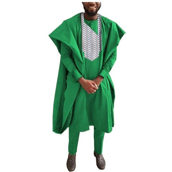 Traditional African Men Clothing 3-Piece Shirt Pants and Agbada Robe Suit Set  V22051