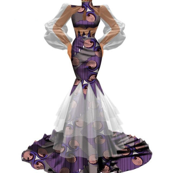 African Women Elegant Bodycon Tulle Gauze Patchwork Dress X12101