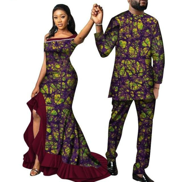 Africa Style Couples Clothing Woman Long Dress and Man Matching Top-Pans Set V12073