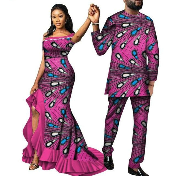 Africa Style Couples Clothing Woman Long Dress and Man Matching Top-Pans Set V12073