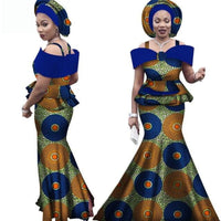 Women African Ankara Dashiki Floor-Length Skirt Sets With Head-Tie  X12064