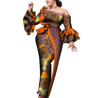 African Dashiki Off-Shoulder Maxi Dress with Lotus Sleeve  X12067
