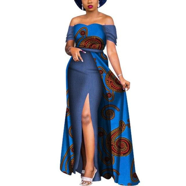 African Women Dashiki Off- Shoulder Sexy Dress with front Slit  X12072