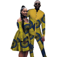 African Couples Cloth Knee-length Off-shoulder Dress and Long-Sleeve Top-Pants V12076