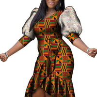 Ankara Vestidos African Women Knee-Length Ruffle-sleeve Dress X12080