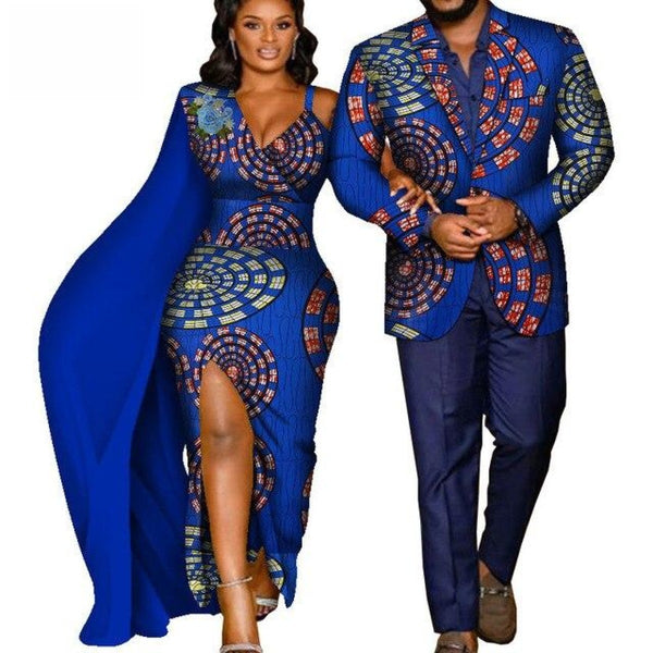 African Dashiki Print Dress and Blazer Set for Couple V12082