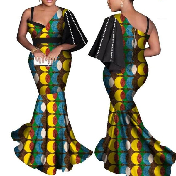 Africa Women Ankara Mermaid Dress With Pearls X12083