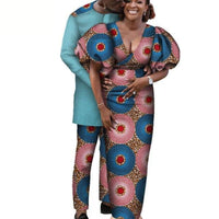 Traditional Africa Style Couples Set V-Neck Long Dress & Men Matching Set V12091