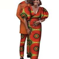 Traditional Africa Style Couples Set V-Neck Long Dress & Men Matching Set V12091