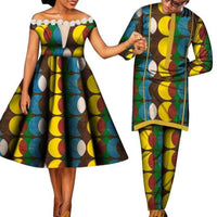 African Couples Women Midi Dress With Men Long-Sleeve Matching Set V12094