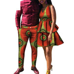 African Couples Clothing Women V-Neck Dress With Man Matching Pants V12096