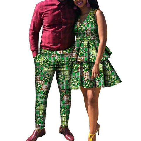 African Couples Clothing Women V-Neck Dress With Man Matching Pants V12096