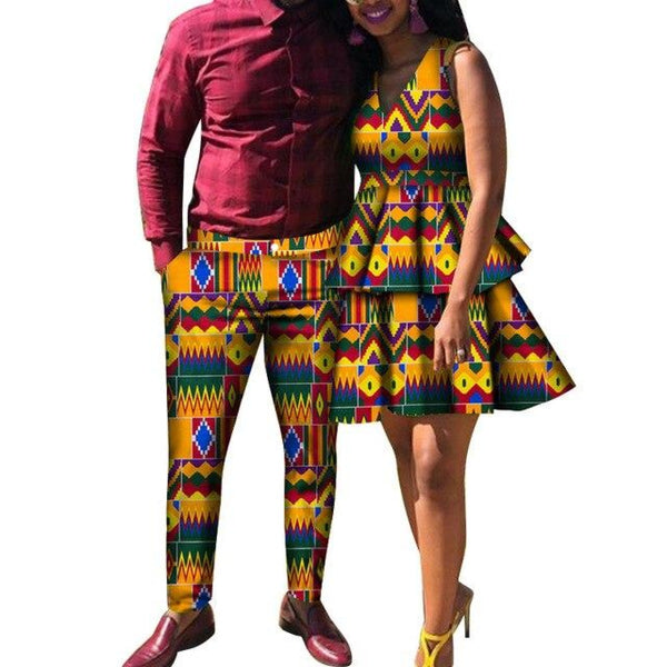 African Couples Clothing Women V-Neck Dress With Man Matching Pants V12096