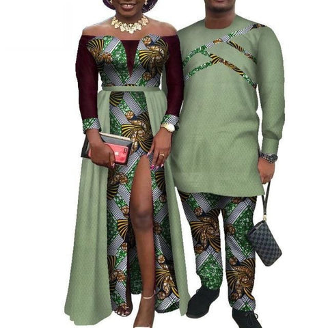 African Couples Clothing Women Slit Dress With Men Top-Pants Matching Set V12097