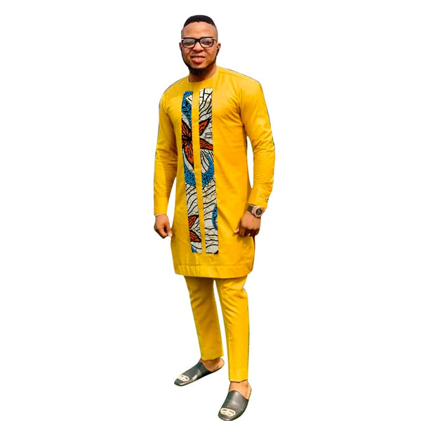 Ghana Fashion Yellow Cotton Men's Patchwork Shirts+Solid Trousers Nigerian Style Pant Sets Custom African Wedding Party Wear