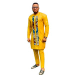 Ghana Fashion Yellow Cotton Men&#39;s Patchwork Shirts+Solid Trousers Nigerian Style Pant Sets Custom African Wedding Party Wear