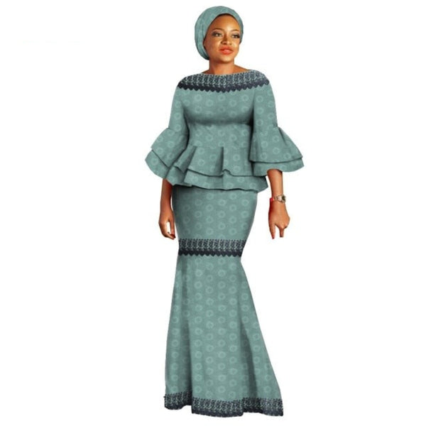 African Print Flare Sleeves Top & Ankle Length Cotton Skirt Suit with Headwrap For Women