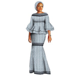 African Print Flare Sleeves Top & Ankle Length Cotton Skirt Suit with Headwrap For Women