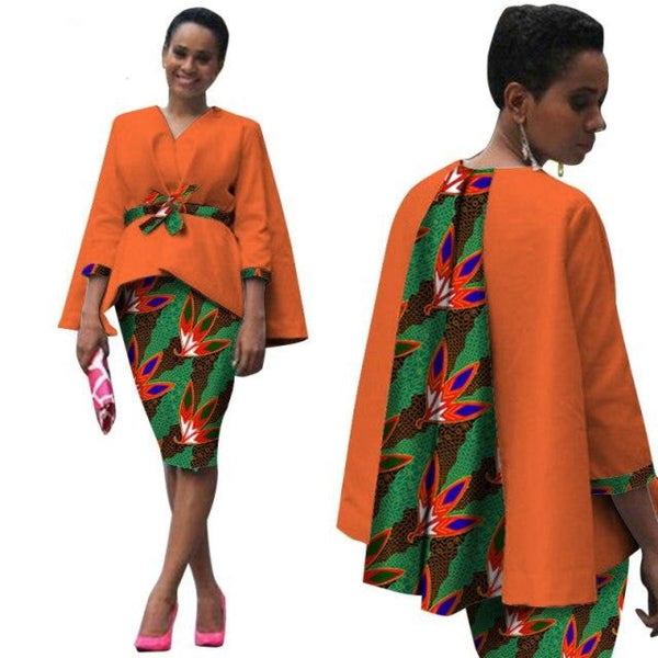 African Clothing 2Pc Set Dress Suit For Women Tops Jacket+ Print Skirt X10586