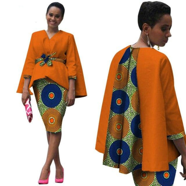 African Clothing 2Pc Set Dress Suit For Women Tops Jacket+ Print Skirt X10586