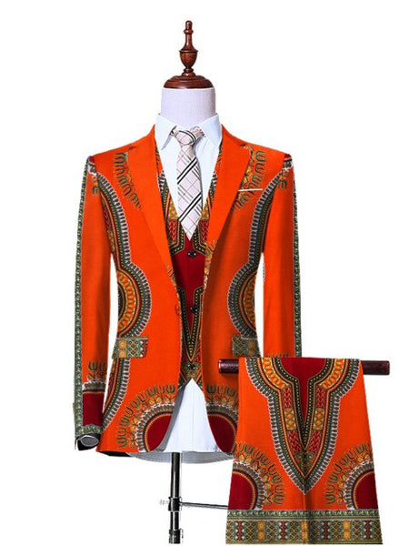 African Dashiki Suit 3Pc Slim Fit Cowboy Top Pants with Vest for Men Y10888