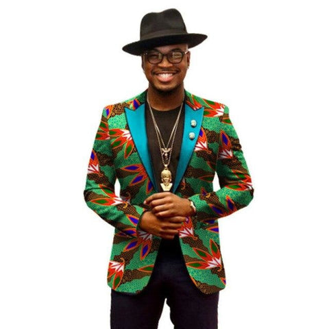 African Dashiki Wax Print Men Blazer Long Sleeve Single Button Coat Y10532