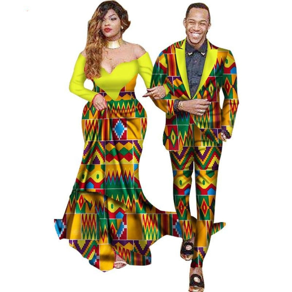 African Matching Couple Cloth Women Maxi Dress Men Jacket Suit Lovers V11684