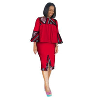 African Clothing Women Ankara Two Pieces Set Long Sleeve Crops Tops-Skirt X11011