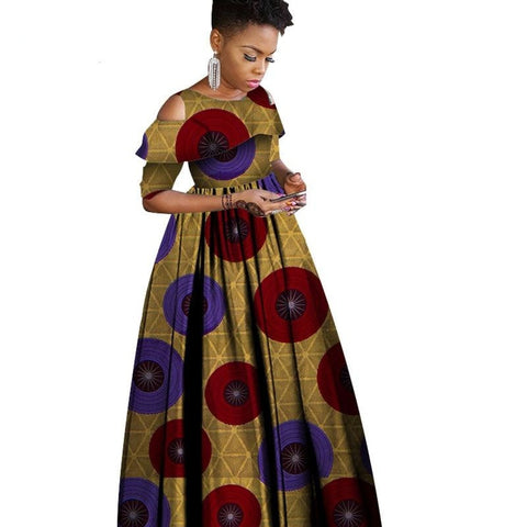 African dress knee-length and off shoulder with an African print touch is  sure to be your next African clothing fashion item. The colorful African  Dress knee-length and off shoulder dress comes in