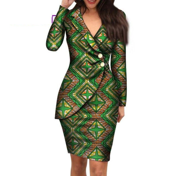 African Wax Print Ankara V-Neck Midi Dress Suit Office Style for X11076