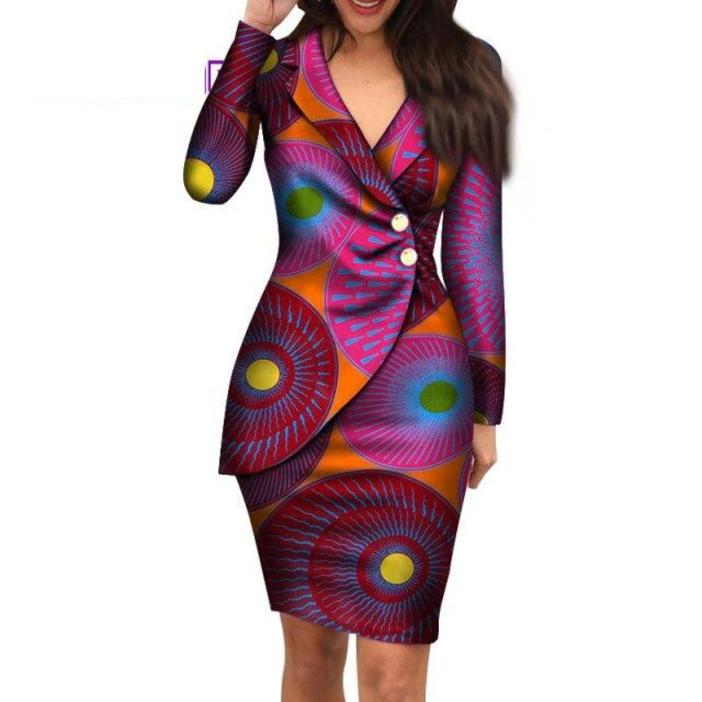 African Wax Print Ankara V-Neck Midi Dress Suit Office Style for X1107 ...