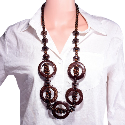 Handmade Big Round Wood Brown Beads Chain Necklace & Amp Pendant Collar Long Wooden Sweater Chain