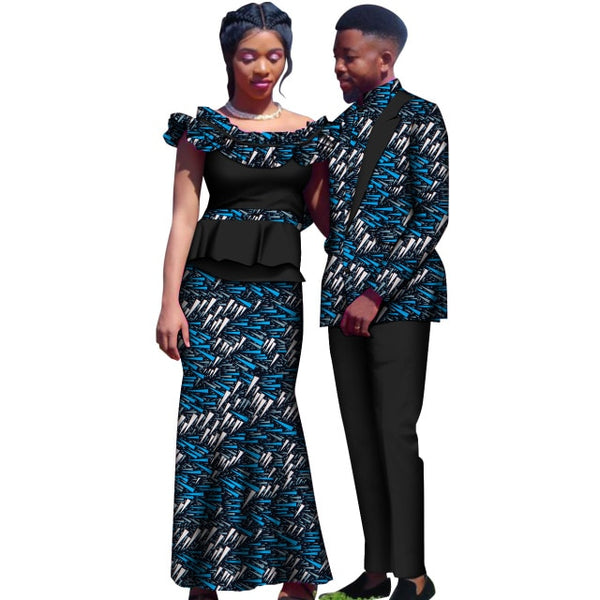 African Clothes for Couple Bazin Riche Ankara Fashion Dashiki Dress and Men's Suit Floral Print Maxi Long Dress and Jacket KG967