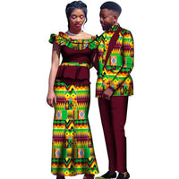 African Clothes for Couple Bazin Riche Ankara Fashion Dashiki Dress and Men's Suit Floral Print Maxi Long Dress and Jacket KG967
