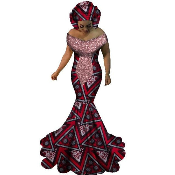 African Women Clothing Sexy Slash Neck Long Dress Dashiki Bazin Mermaid X11427