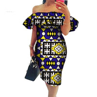 African Cotton Dashiki Wax Print Pattern Ankara Off-The-Shoulder Dress for Women X12006