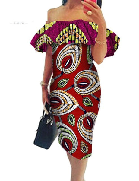 African Cotton Dashiki Wax Print Pattern Ankara Off-The-Shoulder Dress for Women X12006