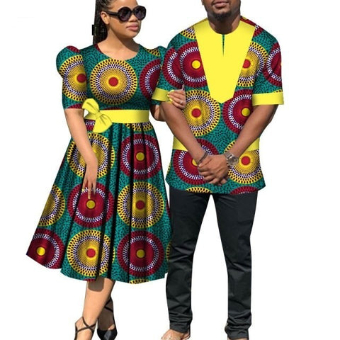 African Clothes for Couples Women&#39;s Dresses and Men&#39;s Shirt Sets Lover Clothes Floral Print Maxi Dress Dashiki Party Wear Wyq470