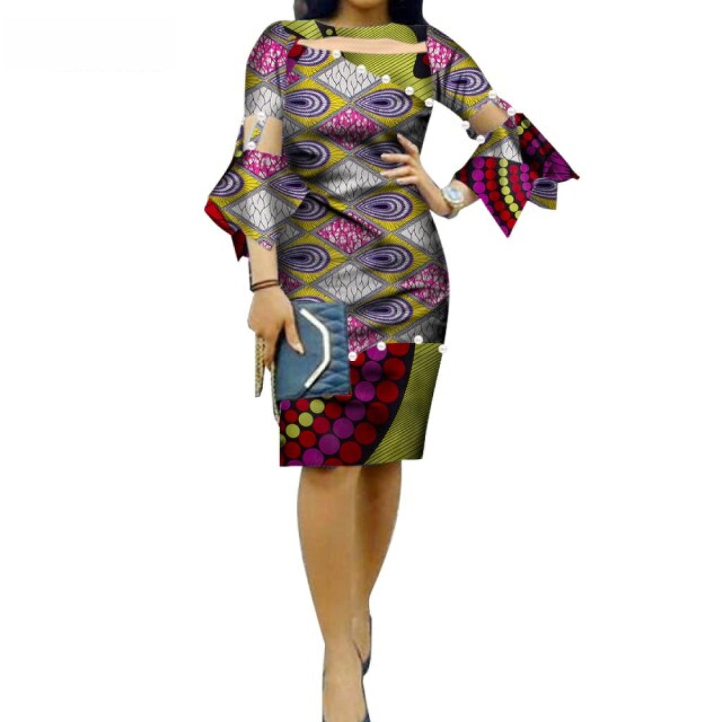 African Cotton Dashiki Wax Print Pattern Ankara Flare-Sleeve Dress for ...