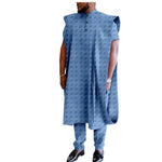 African Jacquard 3 pieces Long Coat, Short Sleeves Top, Full Length Pants For Men