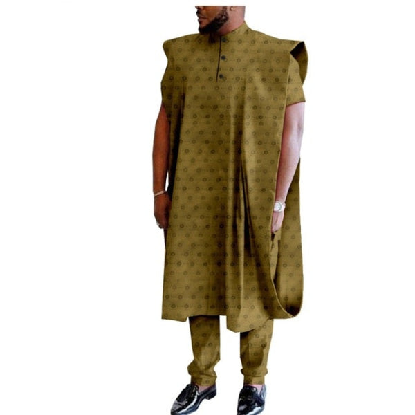 African Jacquard 3 pieces Long Coat, Short Sleeves Top, Full Length Pants For Men