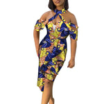 African Cotton Dashiki Wax Print Pattern Ankara Off-Shoulder Knee-Length Dress for Women X12001