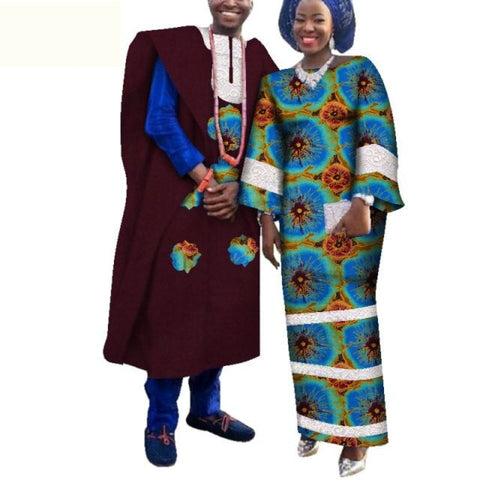 African Couple Print Patchwork Long Dress for Woman and Agbada Robe for V11646