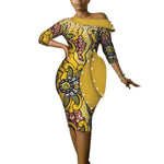 African Cotton Dashiki Wax Print Pattern Ankara Off-Shoulder Midi Dress for Women X12008
