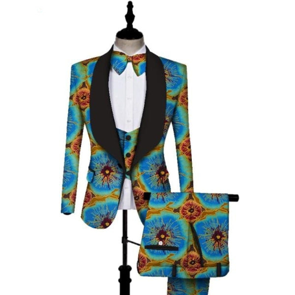 Traditional Dashiki African Bazin Print 3Piece Men Pants-Suit-Vest Set Y10877