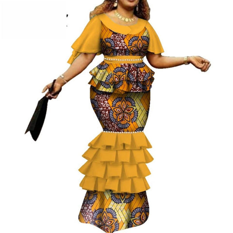 African Dresses for Women Bazin Riche Traditional African Wax Print Long Mermaid Dresses Women Unique Sleeve Clothing WY7115