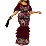 African Dresses for Women Bazin Riche Traditional African Wax Print Long Mermaid Dresses Women Unique Sleeve Clothing WY7115