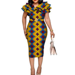 African Women Cotton Dashiki Wax Print Pattern Ruffles Collar Ankara Dress with Belt X11956